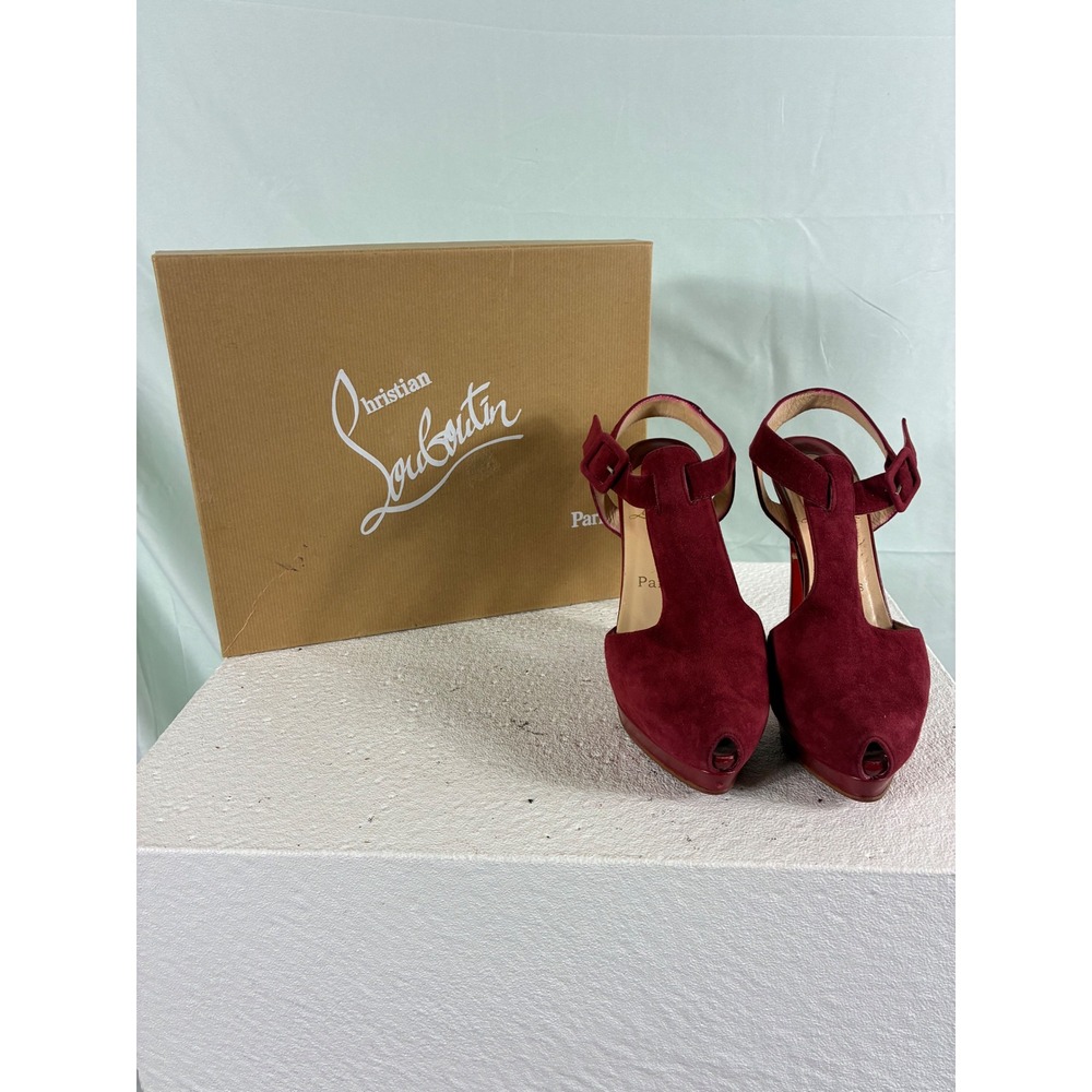 Christian Louboutin Orlan 140 Dark Red Suede T-Strap Platform Pumps 38.5 Heels